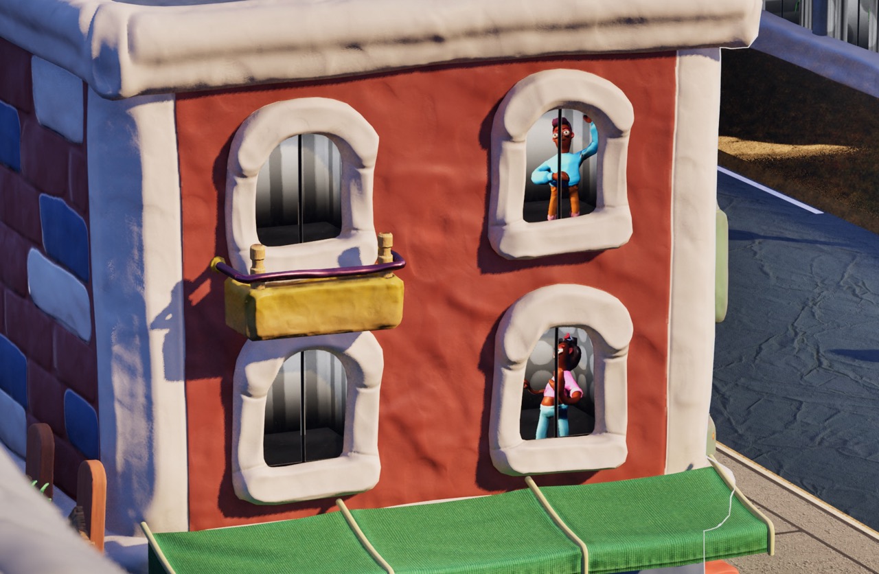 People with varying poses in building windows
